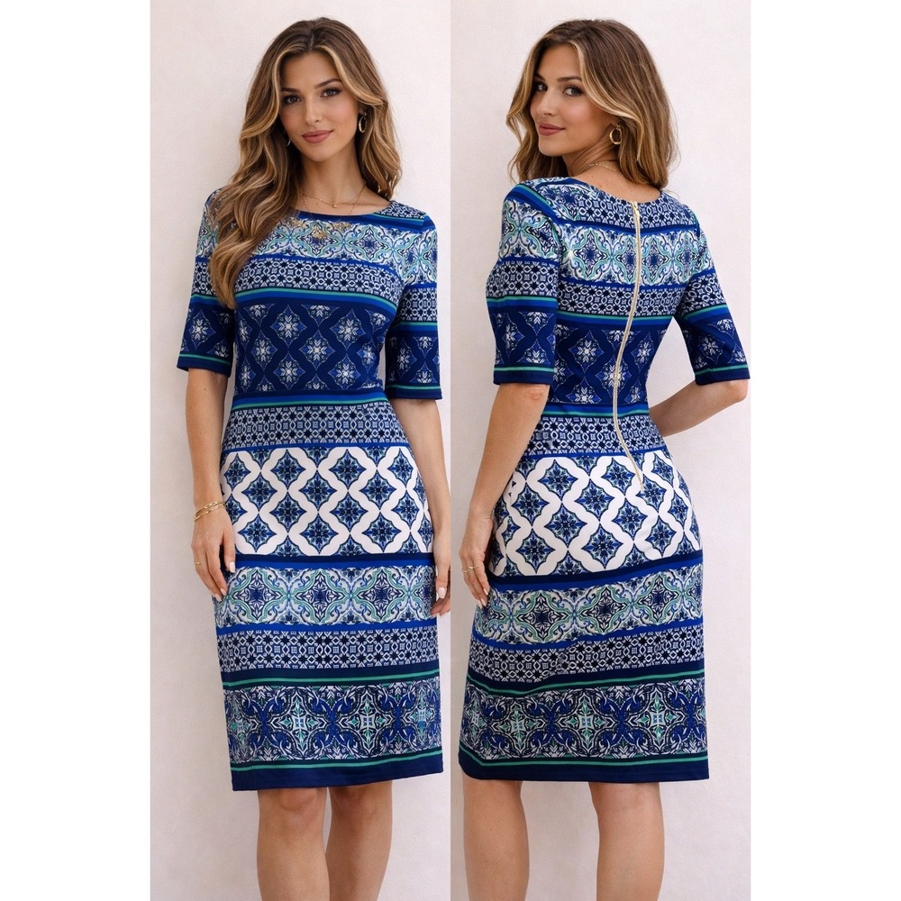 Eliza J Medallion Print Gold Zipper‎ Sheath Dress Elegant Cocktail Party - 6